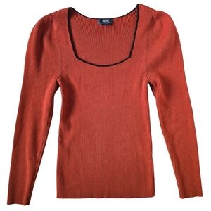 Maeve Anthropologie Ribbed Knit Top Square Neck Rust Orange Medium Puff Sleeve